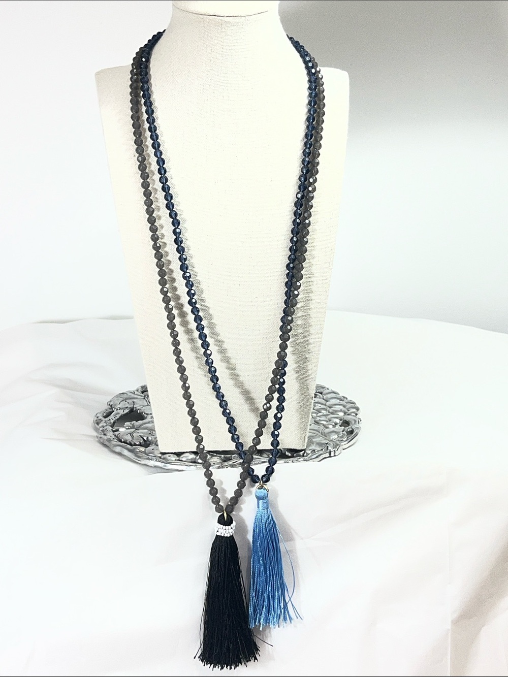 J. Crew Faceted Beaded Tassel Boho Necklace Set, Blue & Smoky Gray Set of 2